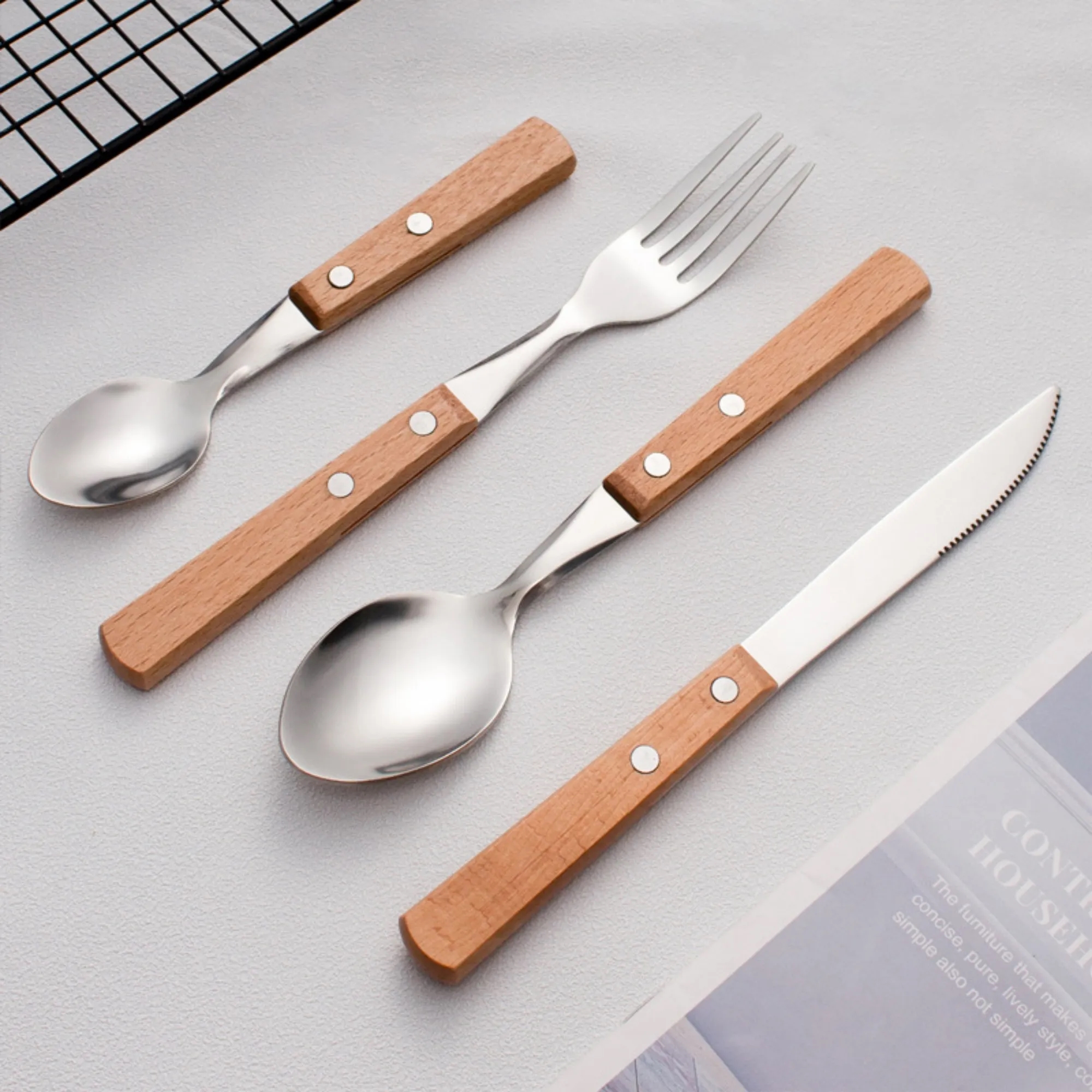 Stainless Steel And Beechwood Flatware Set Premium Tableware 2