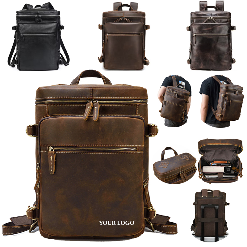 Large Capacity Men's Crazy Horse Leather 15.6 Inch Backpack 5