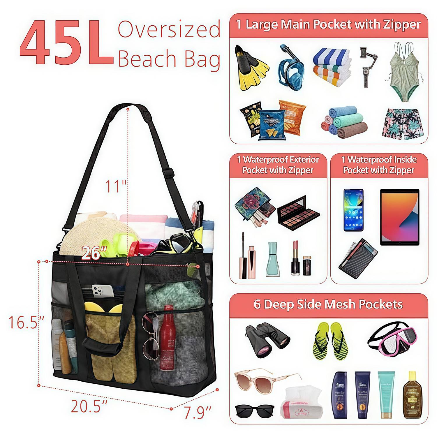 45L Large Capacity Nylon Mesh Beach Tote Bag 3