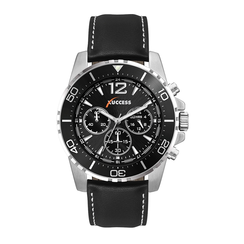 WC9928 44MM METAL SILVER CASE, CHRONOGRAPH MVMT, BLACK DIAL,  BLACK ROTATING BEZEL, LEATHER STRAP, FLAT MIN