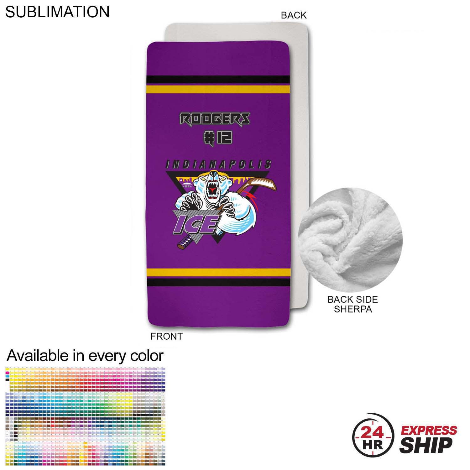 24 Hr Express Ship - Team Blanket in Plush Sherpa Faux Wool Lined Micro Mink, 30x60, Stadium size 6