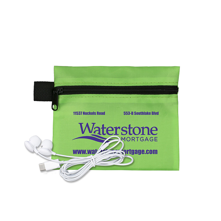 Mobile Tech Earbud Kit In Zipper Pouch Components inserted into Polyester Zipper Pouch 11