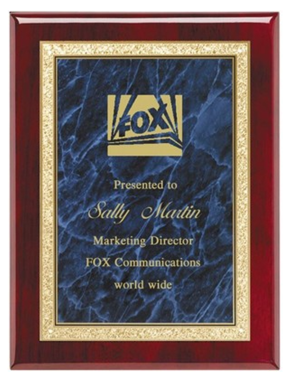 Rosewood Plaque Solid Brass Engraving Plate in Blue 7" x 9" Award