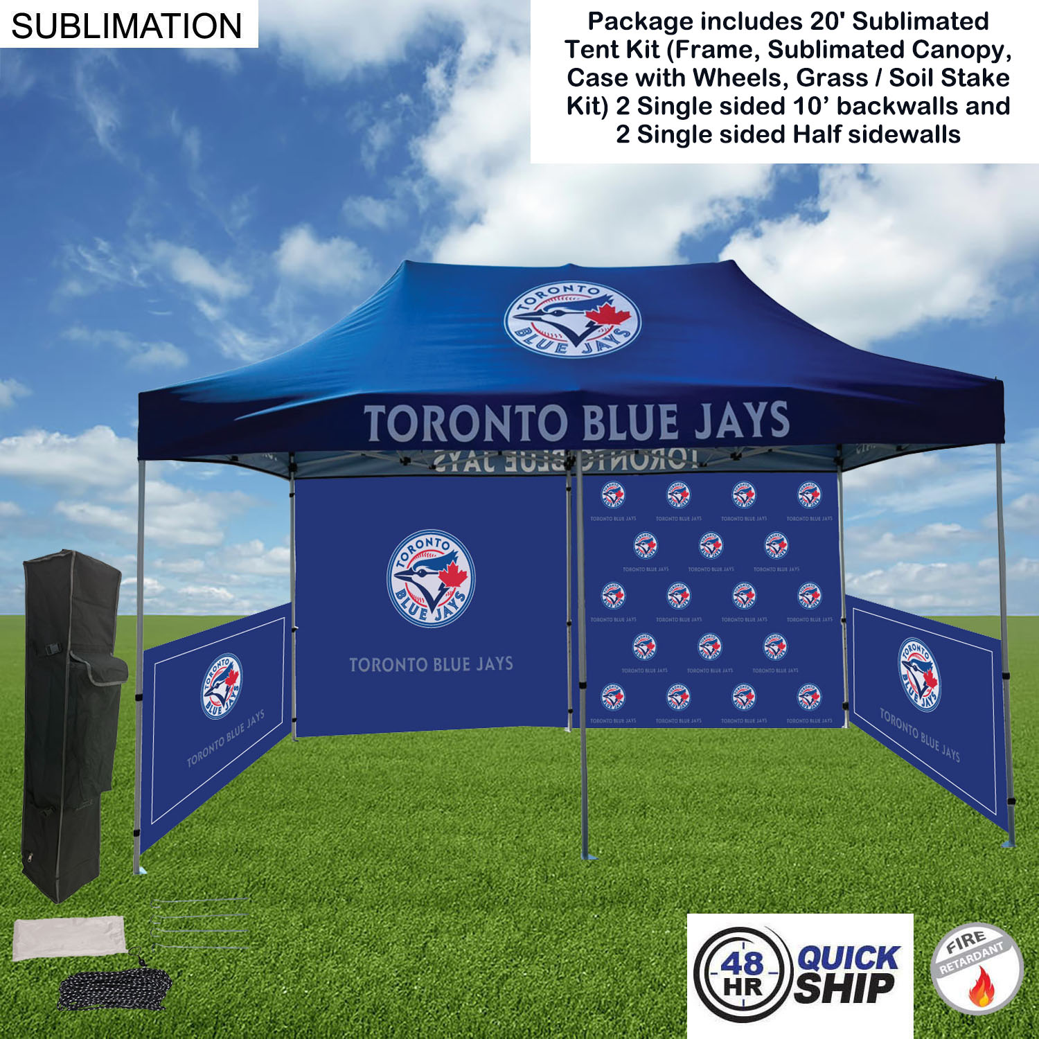 48 Hr Quick Ship - Full Tent Package 1, 20' Sublimated Tent, 2 10' backwalls, 2 half sidewalls 20