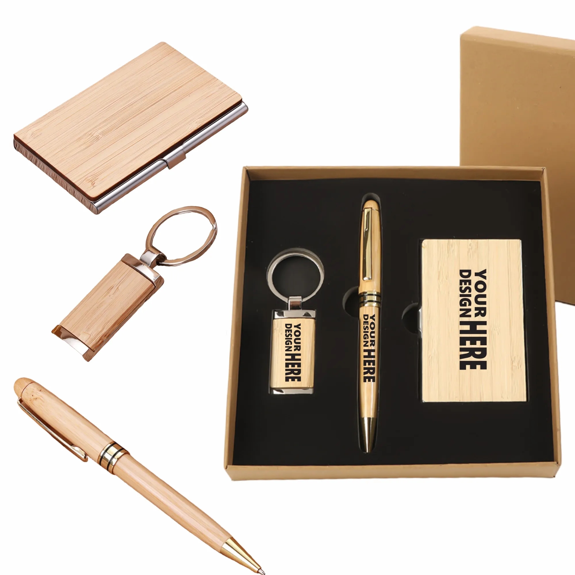Bamboo Wood Gift Set: Ballpoint Pen, Keychain, Card Holder