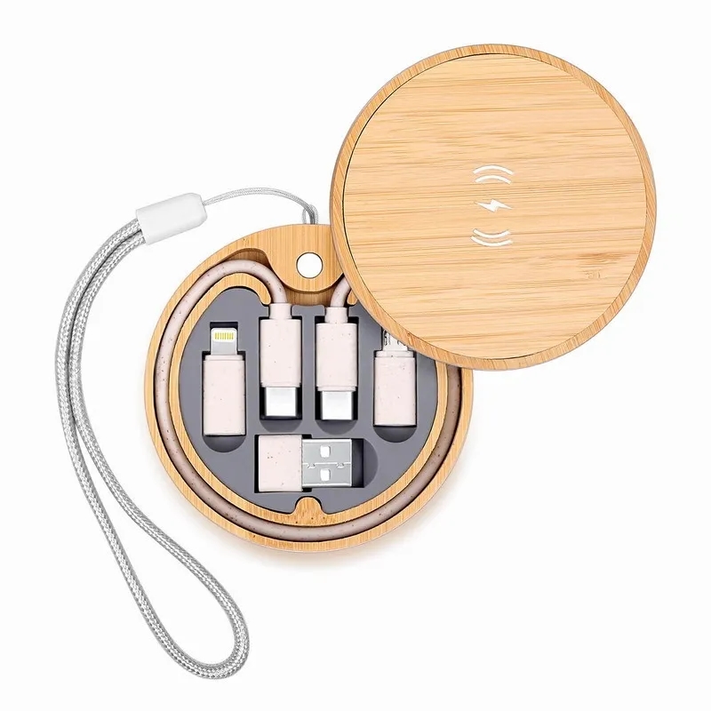 Round Bamboo Multi-Charging cable set Wireless Charger 4