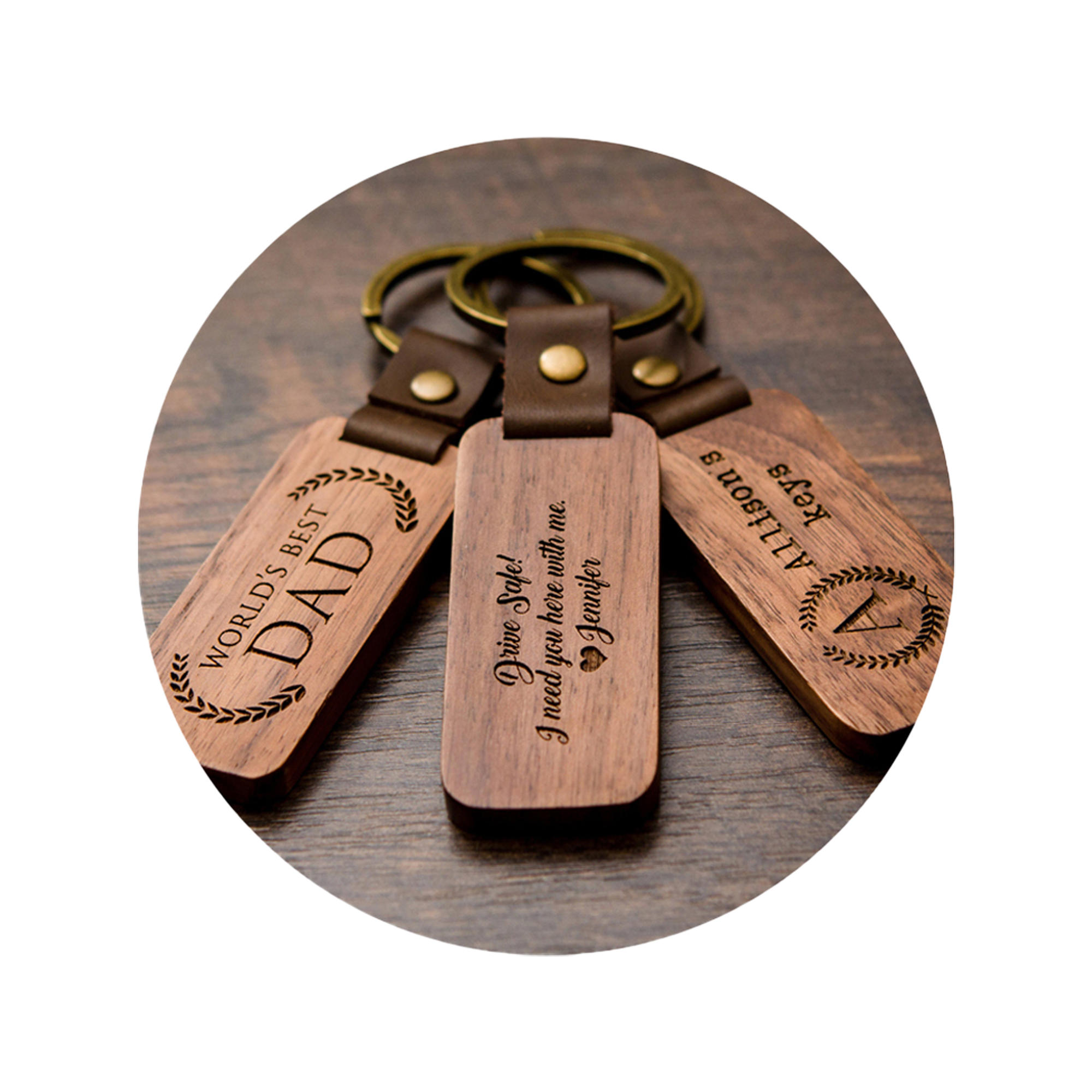 Custom Engraved Wooden Keychain with Leather Strap 3