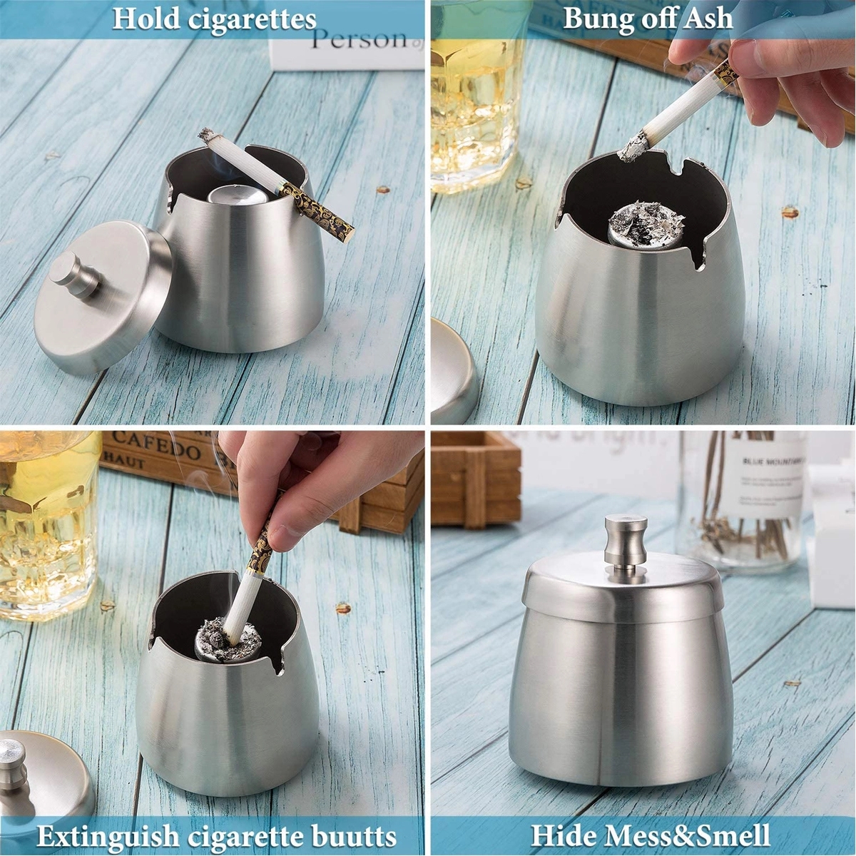 Stainless Steel Cigarettes Ashtray With Lid 5