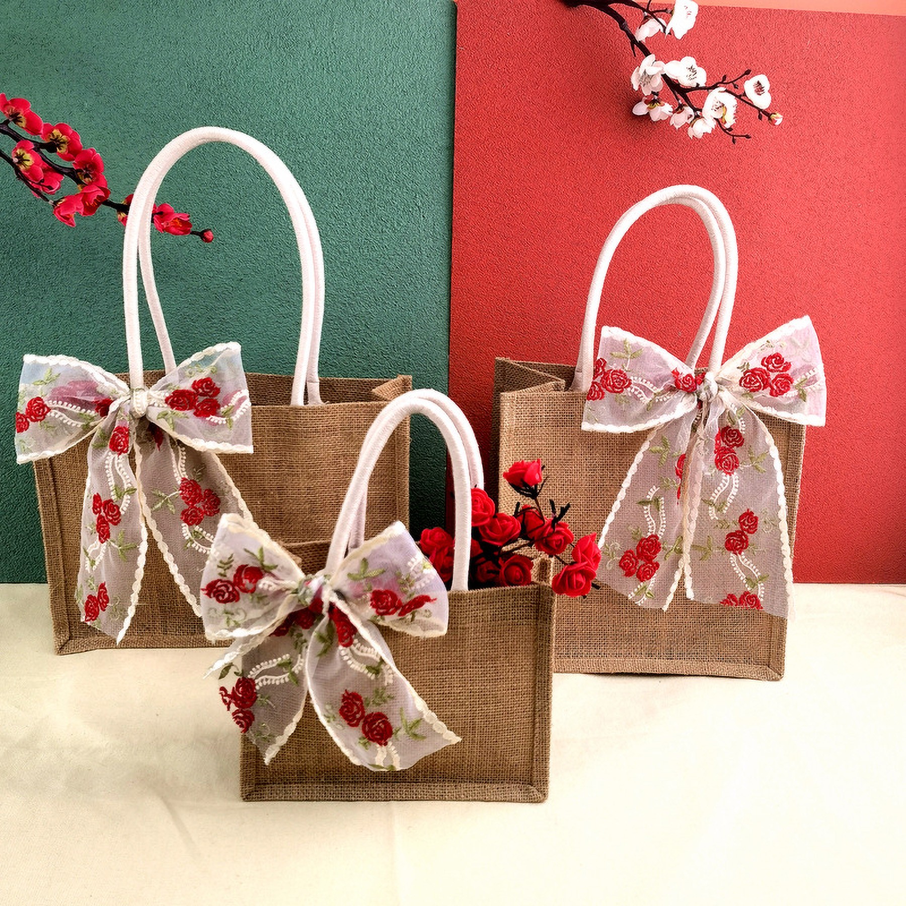 Gift Bag With Handle Lace Bow For Party, Merchandise Retail 2