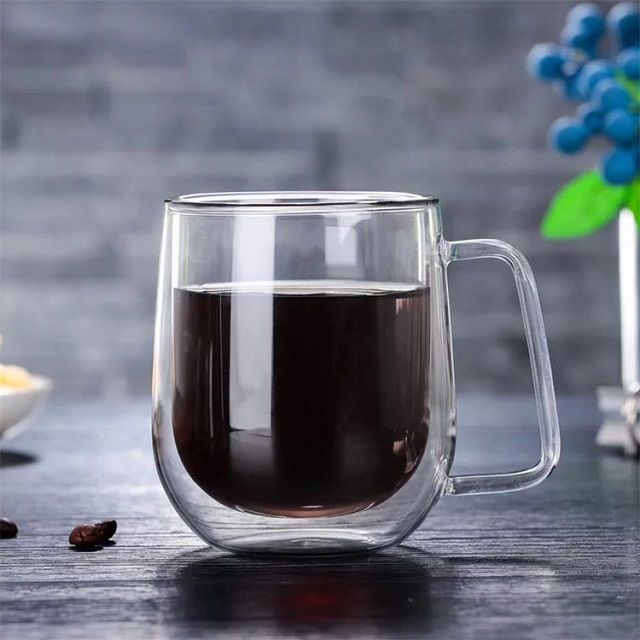 Double Wall Glass Coffee Mug w/ Glass Lid & Spoon 10 oz 7