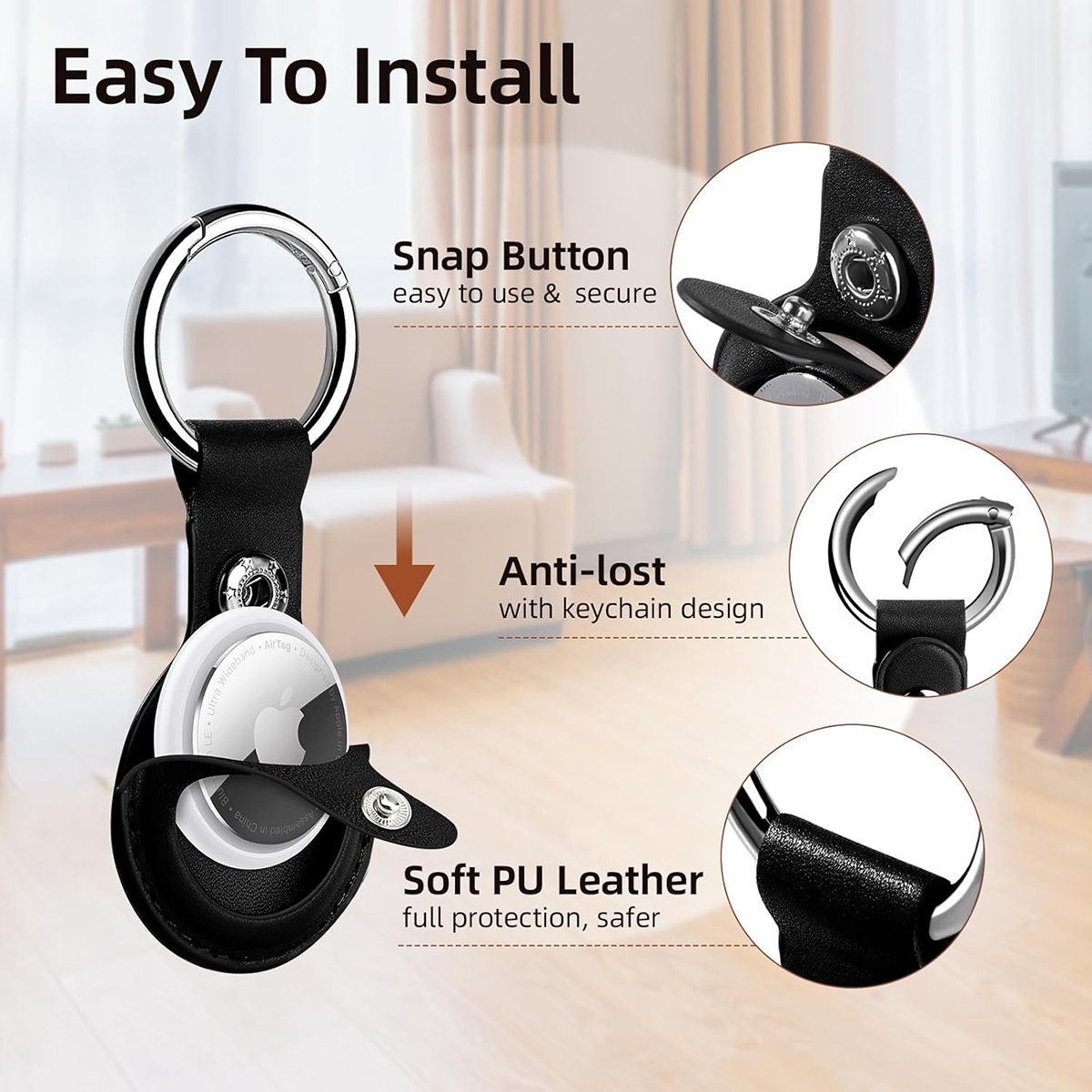 Economical PU Leather AirTag Holder with Key Ring 3