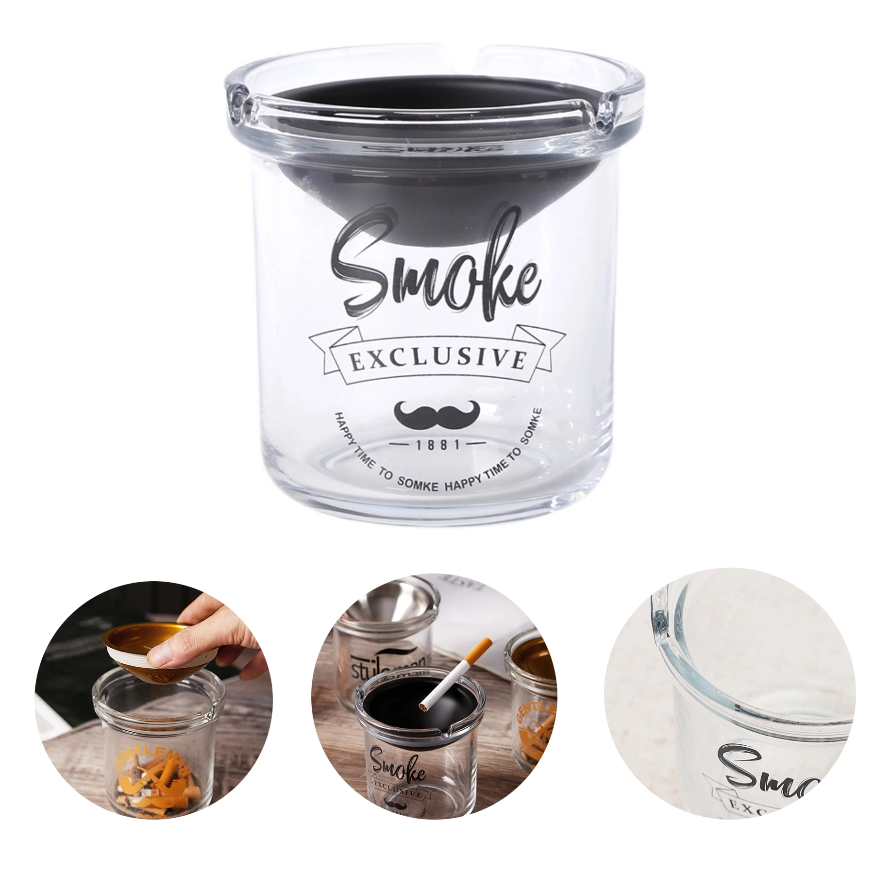 Glass Ashtray With Stainless Steel Funnel Lid Windproof  Cig 6