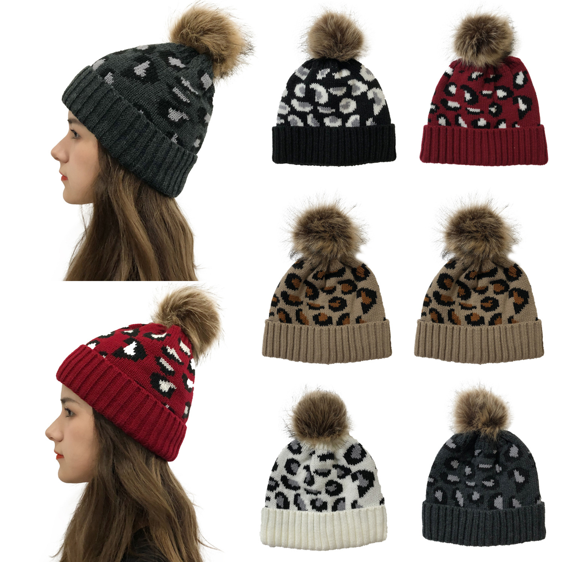 Winter Knitted Leopard Pom Beanie Hat For Women 4
