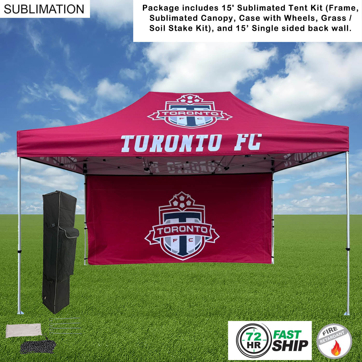 72Hr Fast Ship - Tent Backwall Package, 15' Sublimated Tent Kit and 15' Full single sided backwall 25