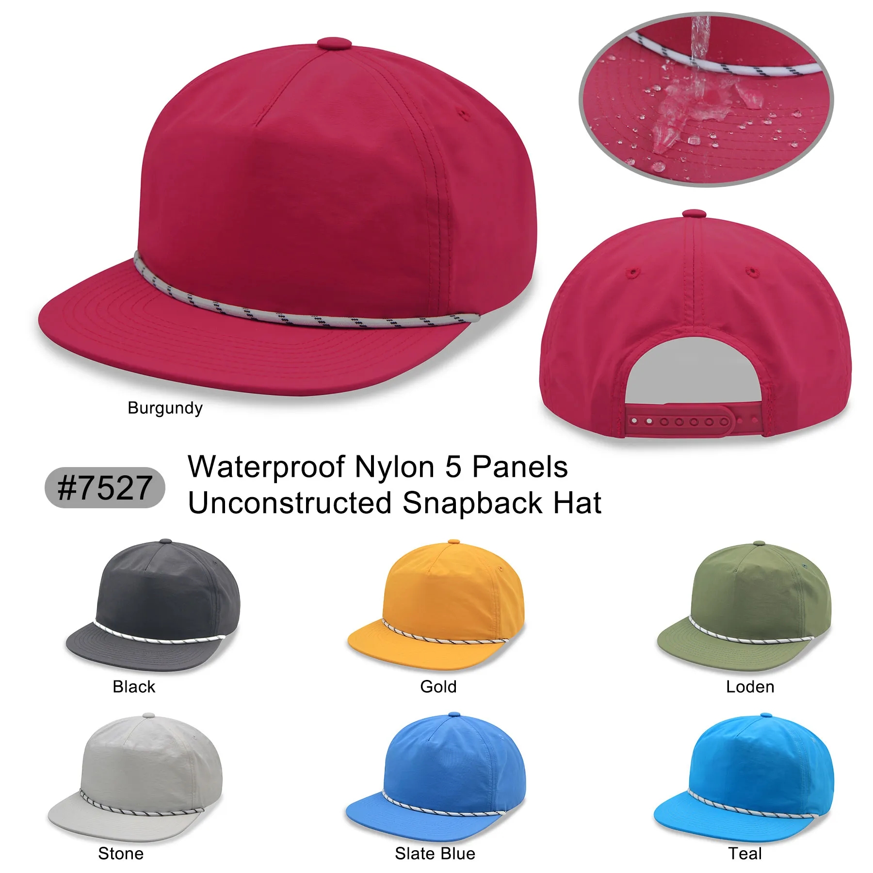 Waterproof nylon 5 panel unstructured snapback rope hat