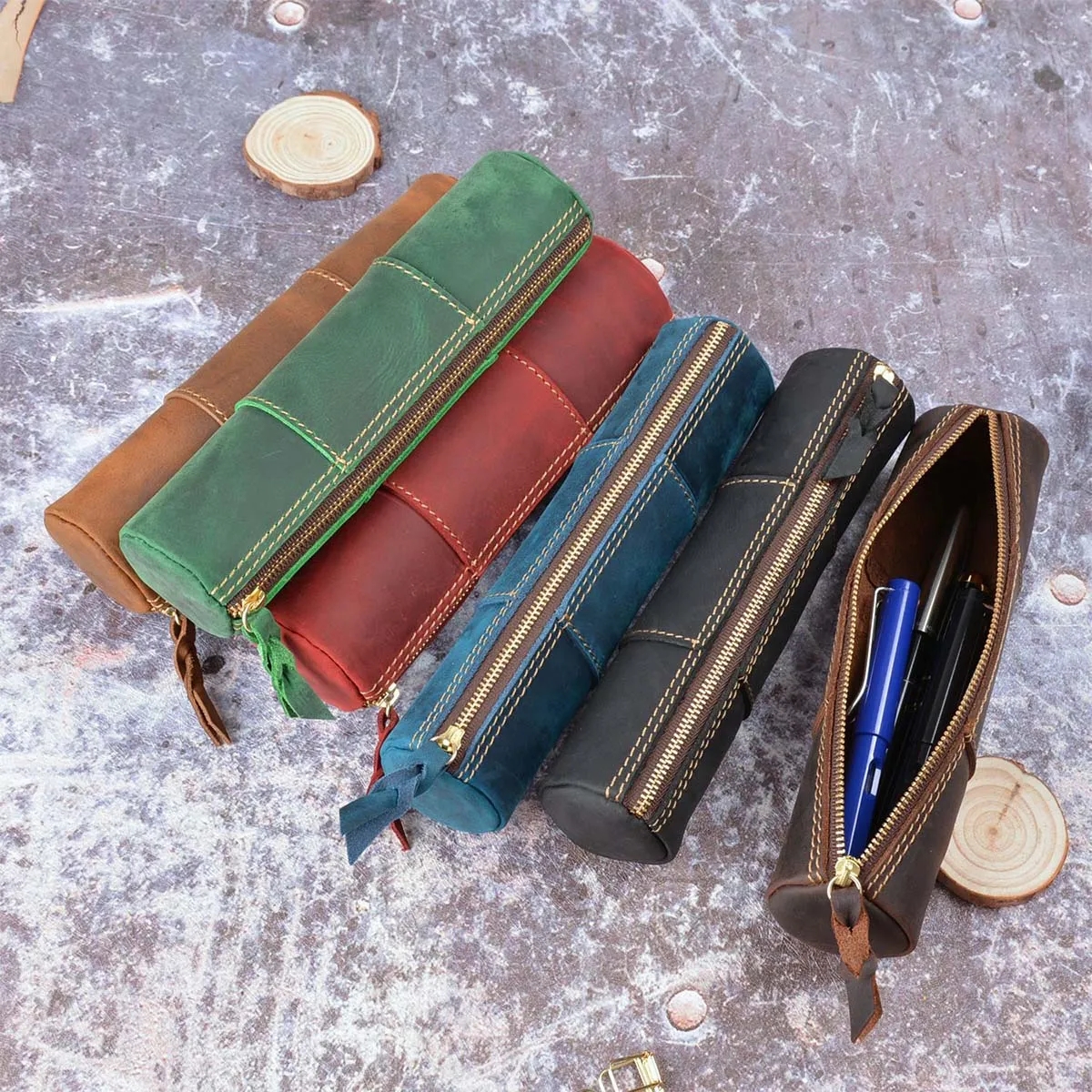 Genuine Leather  Large Capacity Pen bags Pouch Pencil Case 4