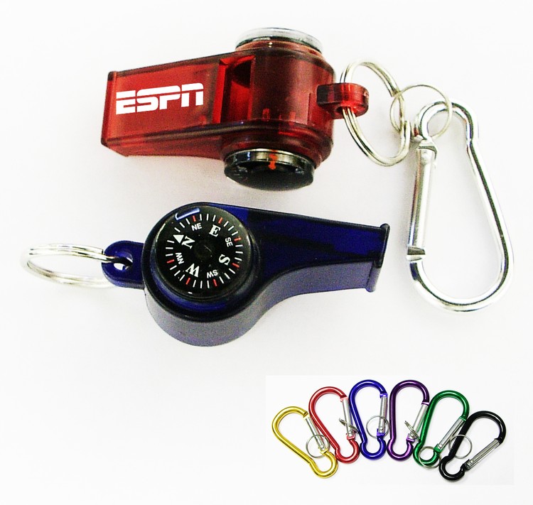 Whistle with compass thermometer and keychain.