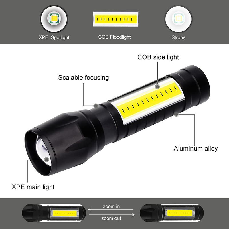USB Rechargeable LED Flashlight w/COB Side Lights 21