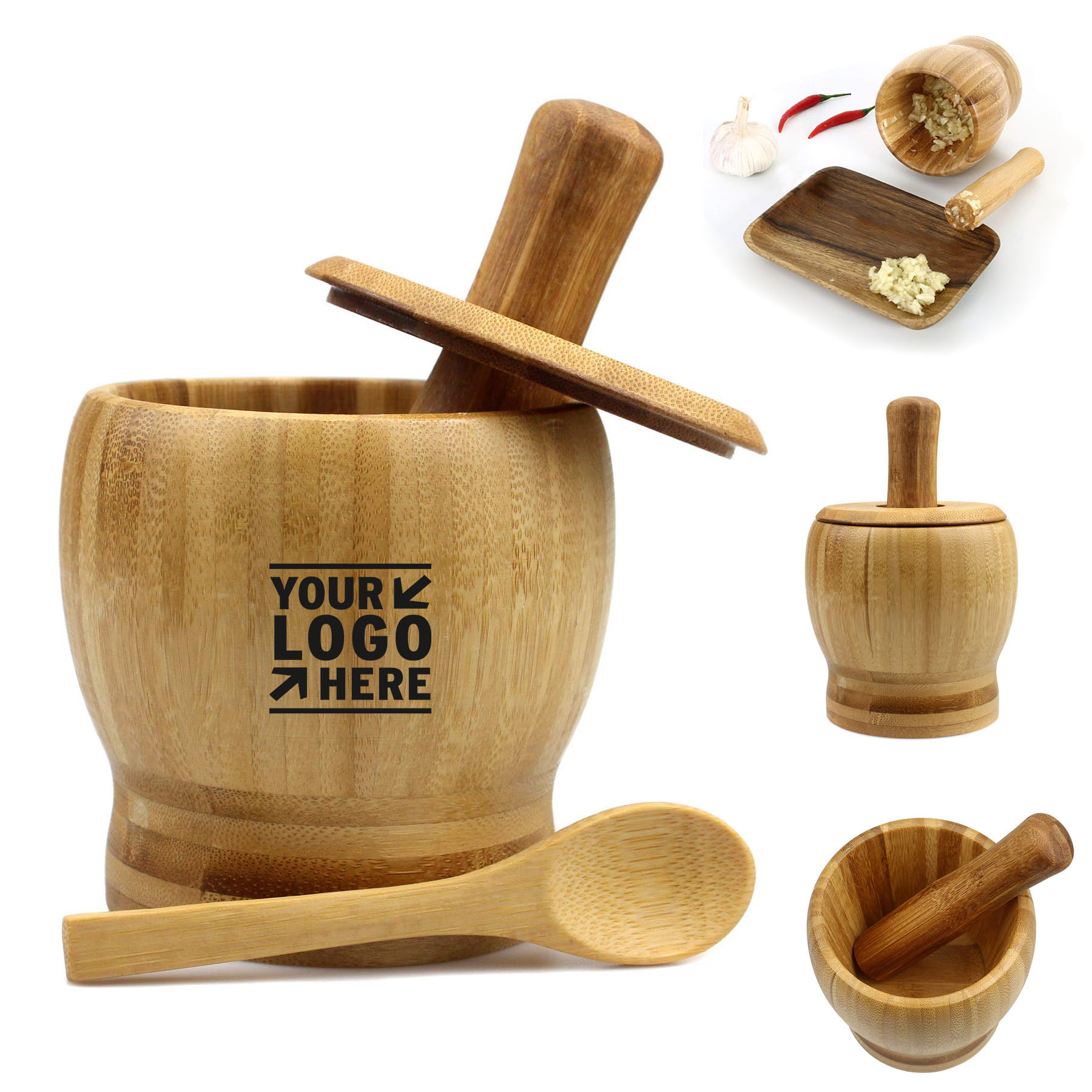 100% Natural Bamboo Wood Garlic Spice Grinder Press Crusher Masher Mortar Pestle Set with Lid Spoon 2