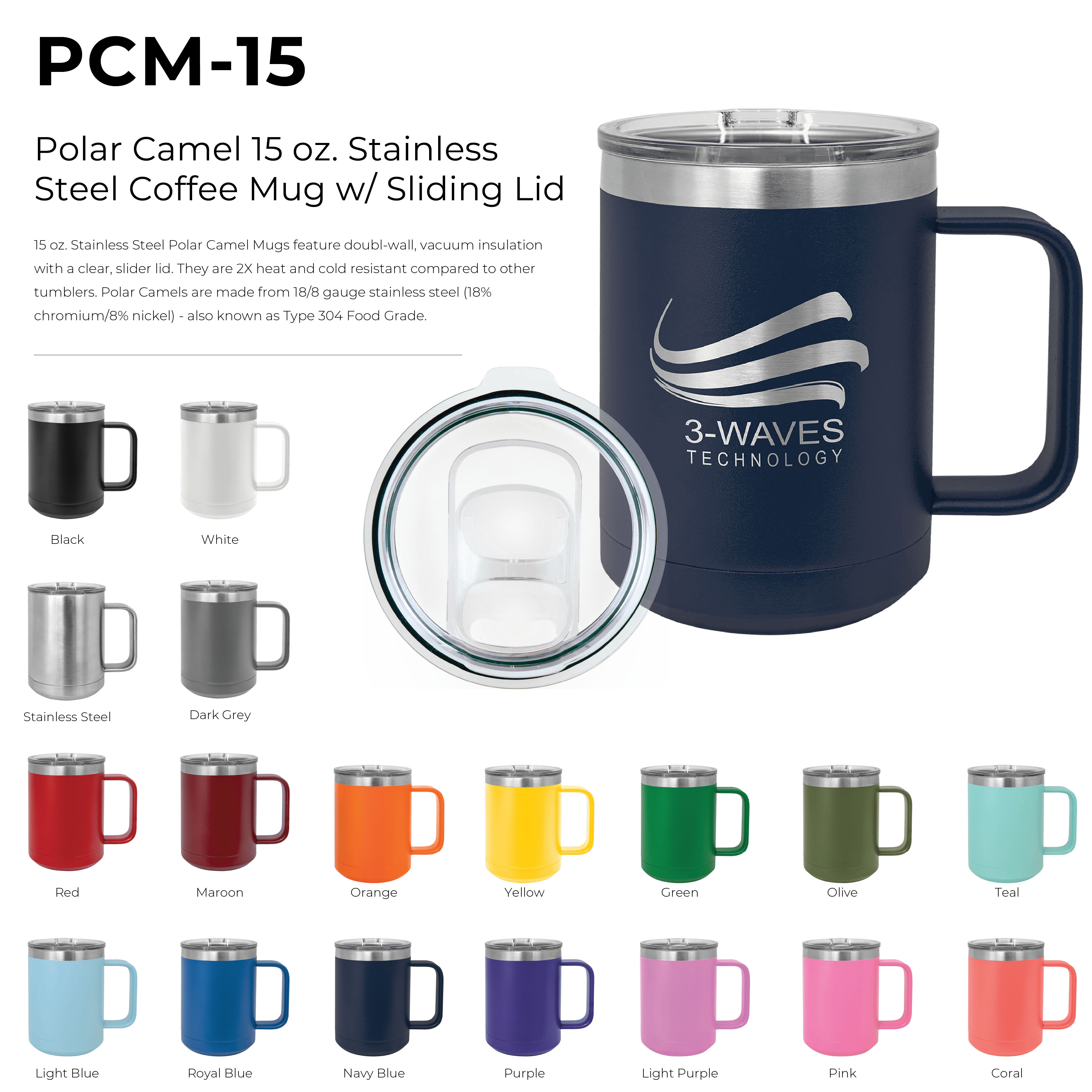 Polar Camel 15 oz. Stainless Steel Coffee Mug w/ Sliding Lid 1