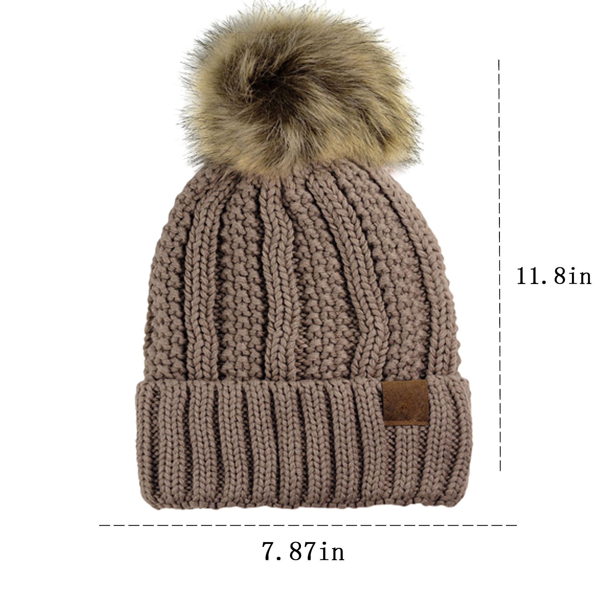 Thick Cable Knit Beanie with Faux Fur Pom & Fleece Lining 2