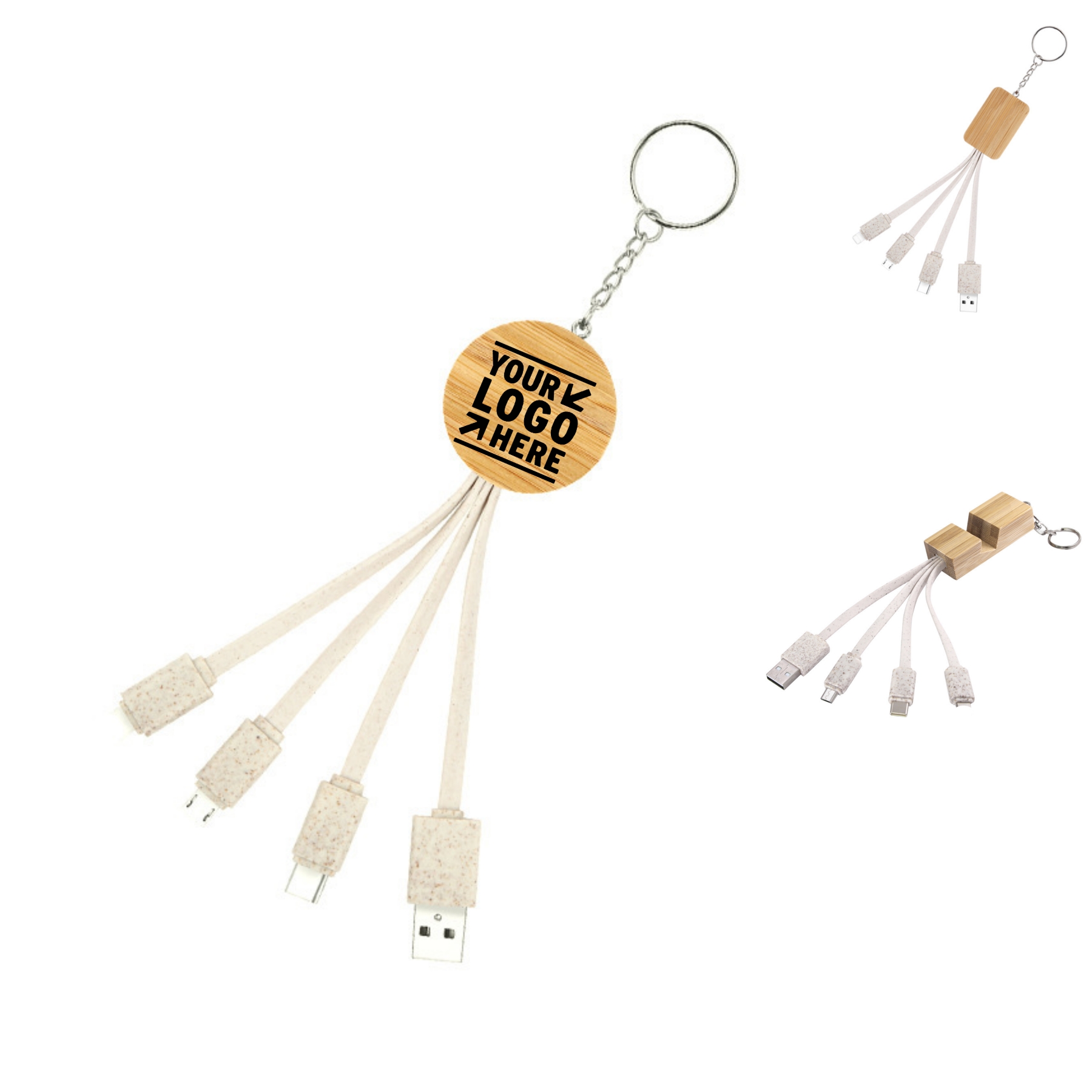 Biodegradable 3-in-1 Bamboo Charging Cable w/ Keychain 2