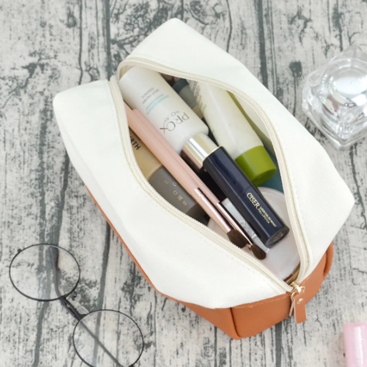 7L Canvas & PU Leather Zippered Cosmetic Makeup Bag 7