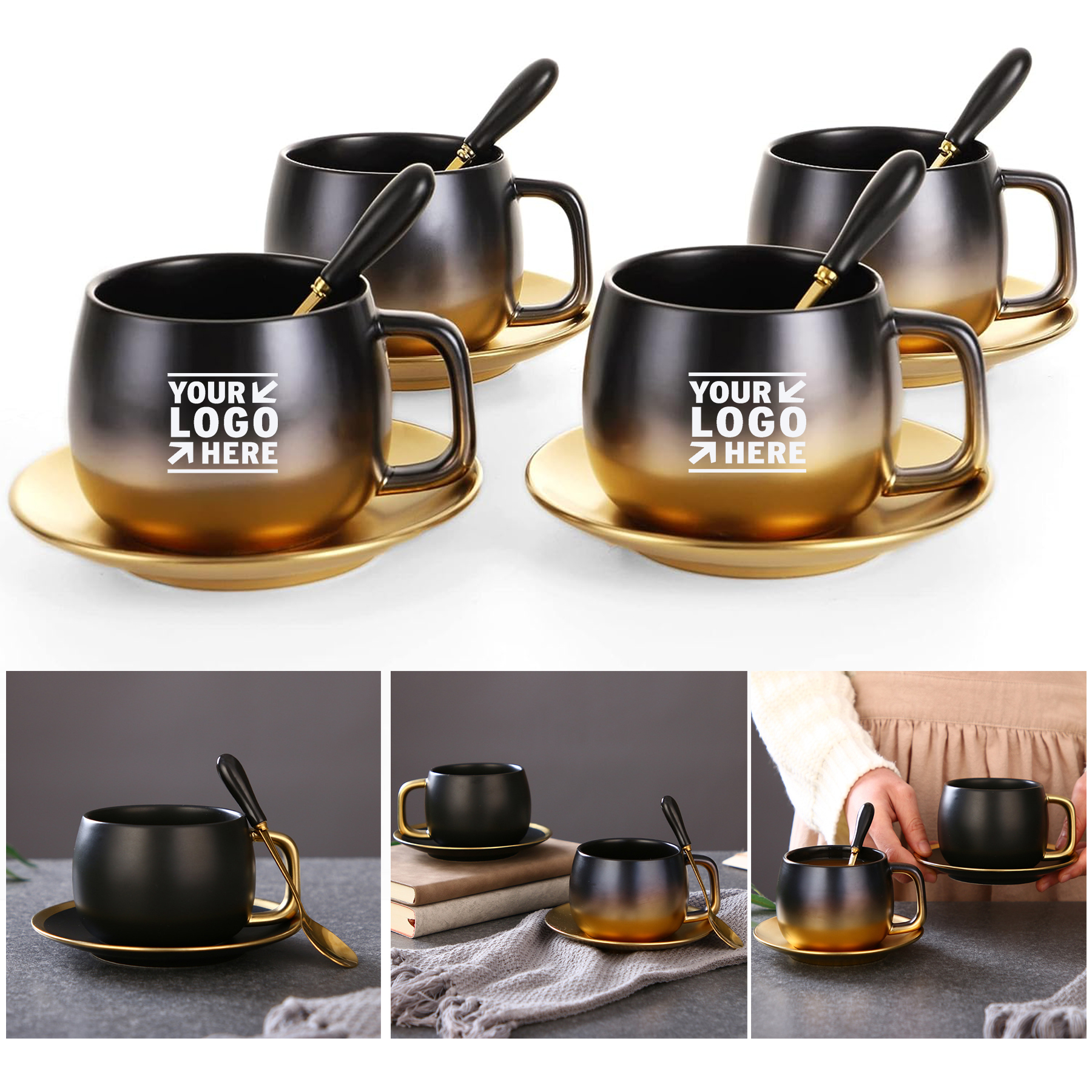 European Style Tea Black Gold Gradual Vintage Ceramic Cup Set Coffee Mug With Spoon Saucer