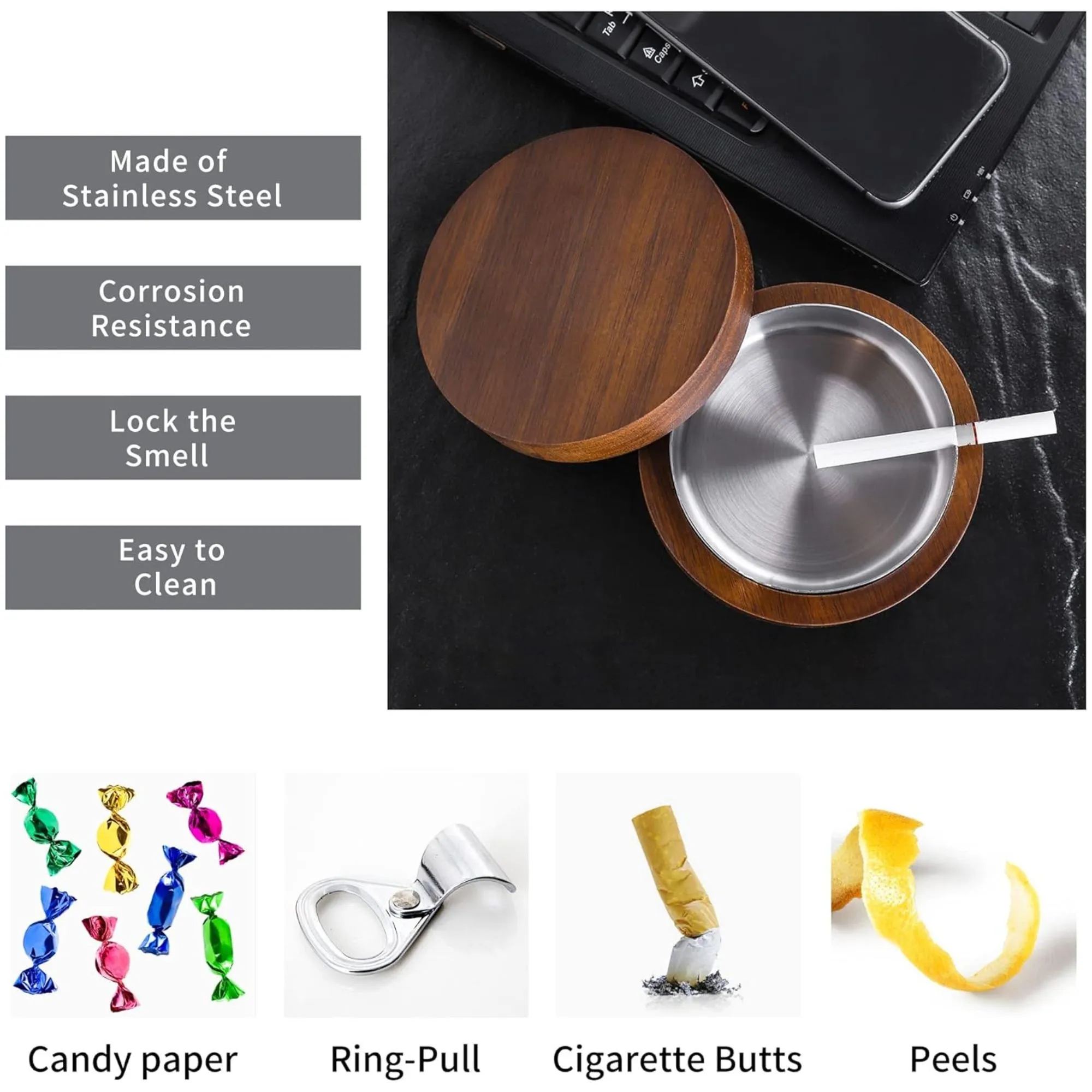 Solid Wood Lid Stainless Steel Office Ashtray 3
