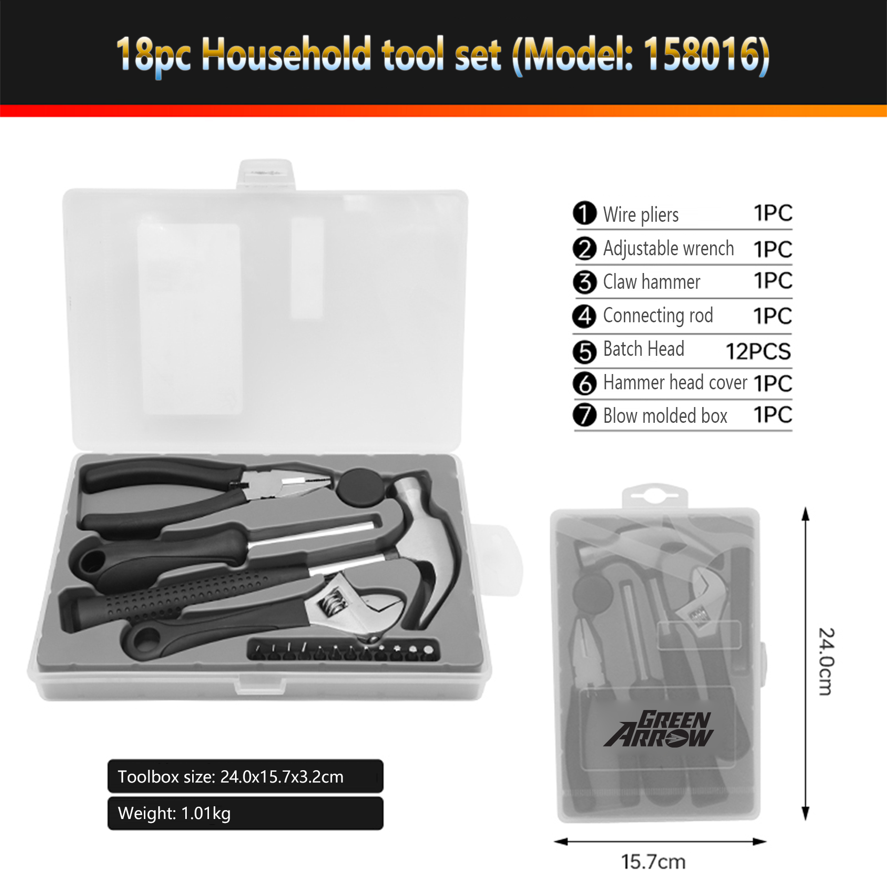 HandyPro 18pc Household Tool Set with Hammer, Adjustable Wrench, and Pliers 10