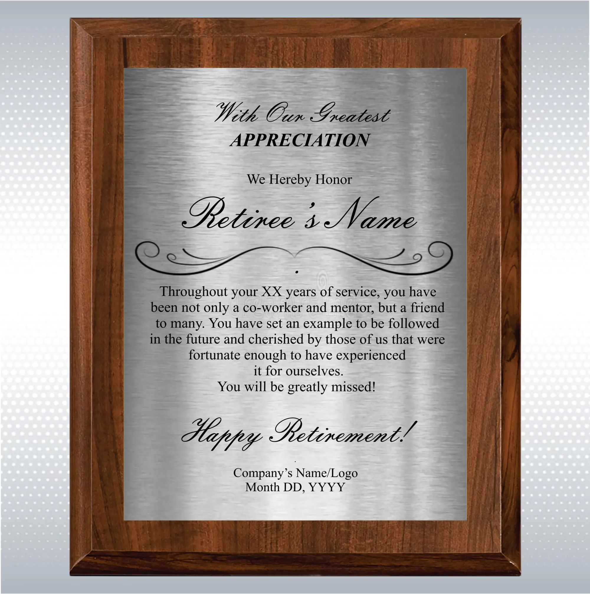Cherry Finish Plaque Retirement Gift Award 8