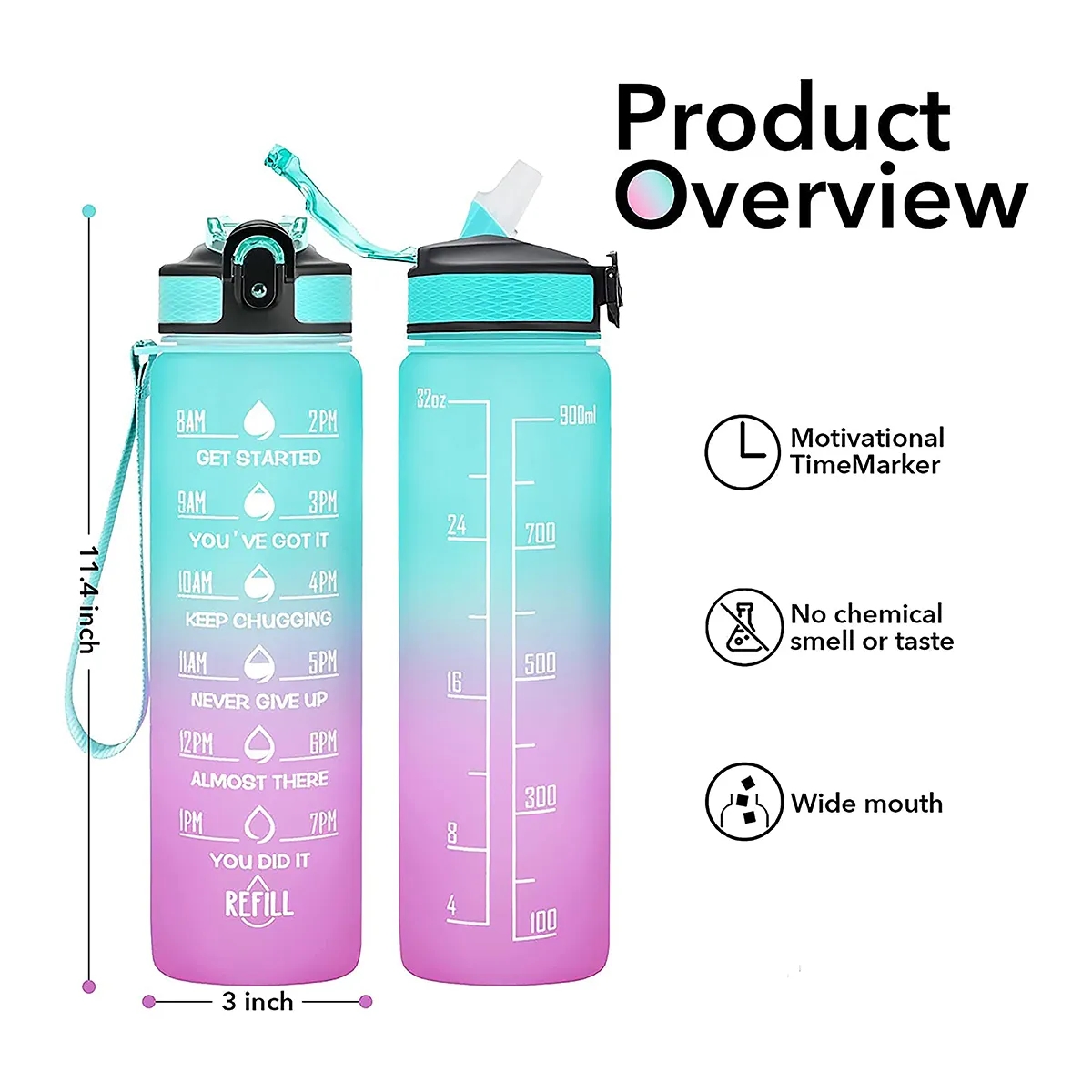 32oz Sport Motivational Time Marker Water Bottle With Straw 6