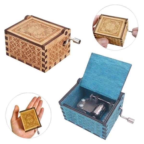 Handmade Engraved Wooden Music Box Hand Crank Wood Crafts 2
