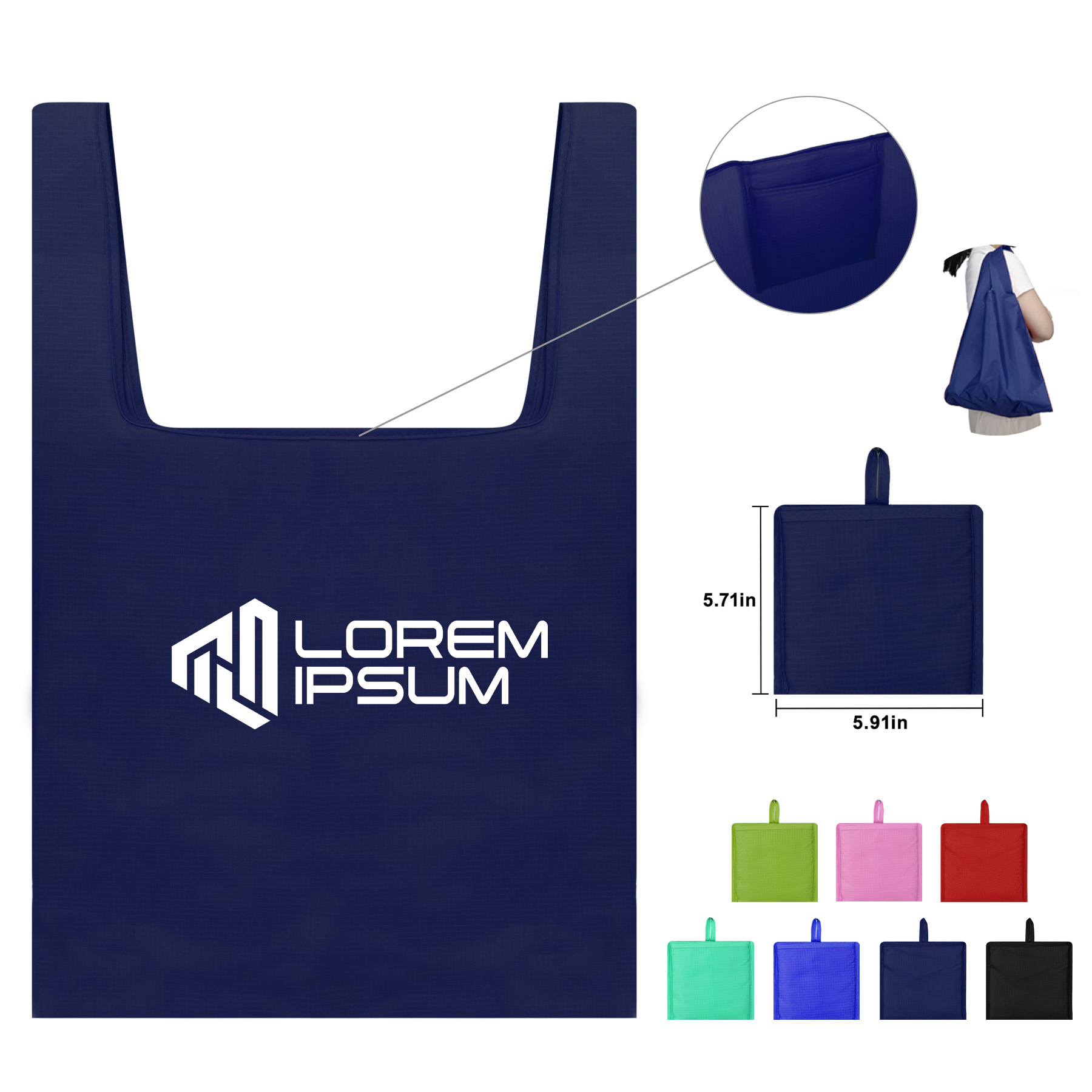 Foldable Shopping Grocery Tote Bag W/Inner Pouch, custom tote bag with logo imprint 6