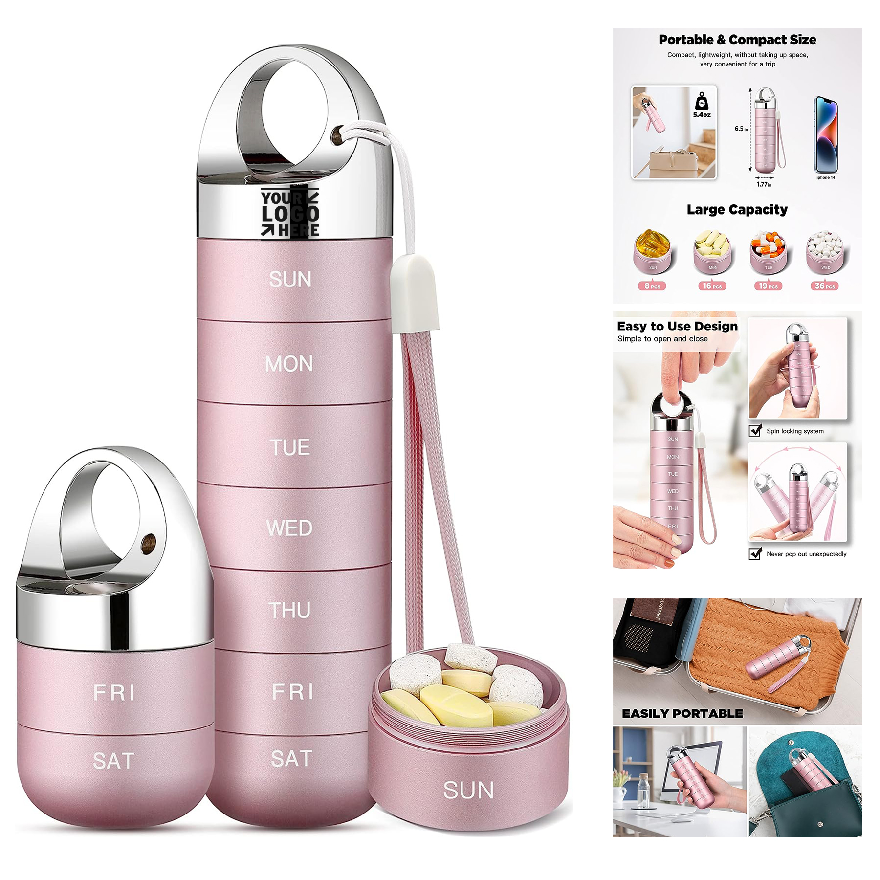 Portable Waterproof 7 Day Daily Vitamin Medicine Box Metal Large BPA Free Travel Pill Organizer