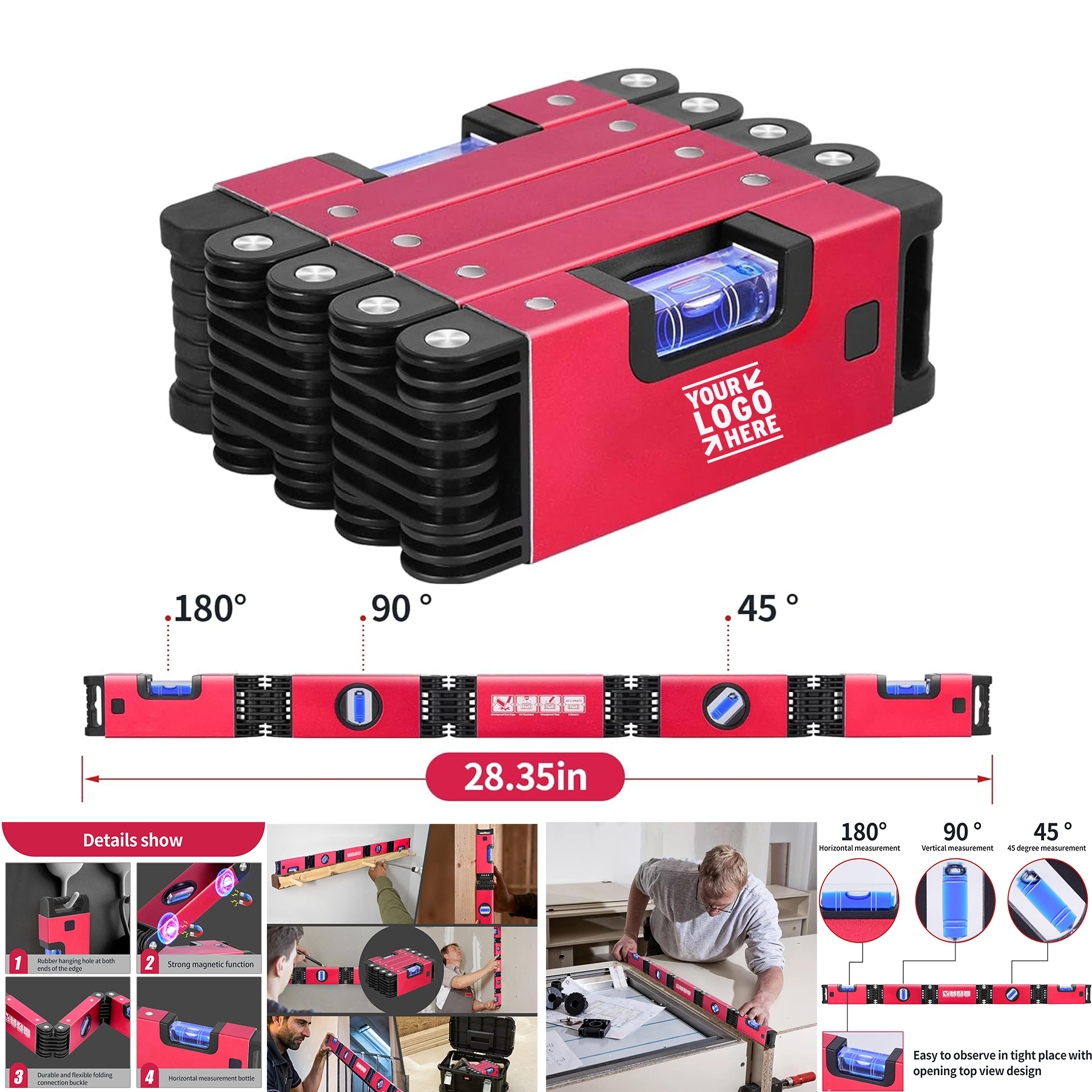 28'' Folding 5 Sections Multifunctional With Easy-Read 45/90/180 Level Bubbles Measurement Tool 2