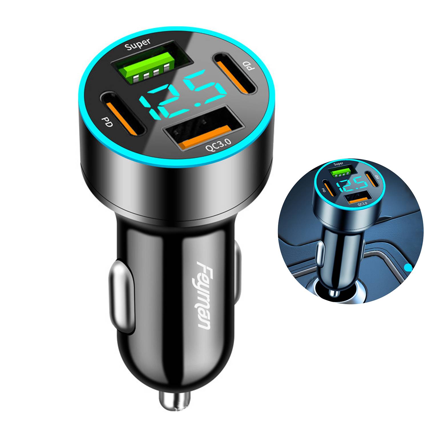 66W 4-Port Digital Display USB Fast Charging Car Charger 5
