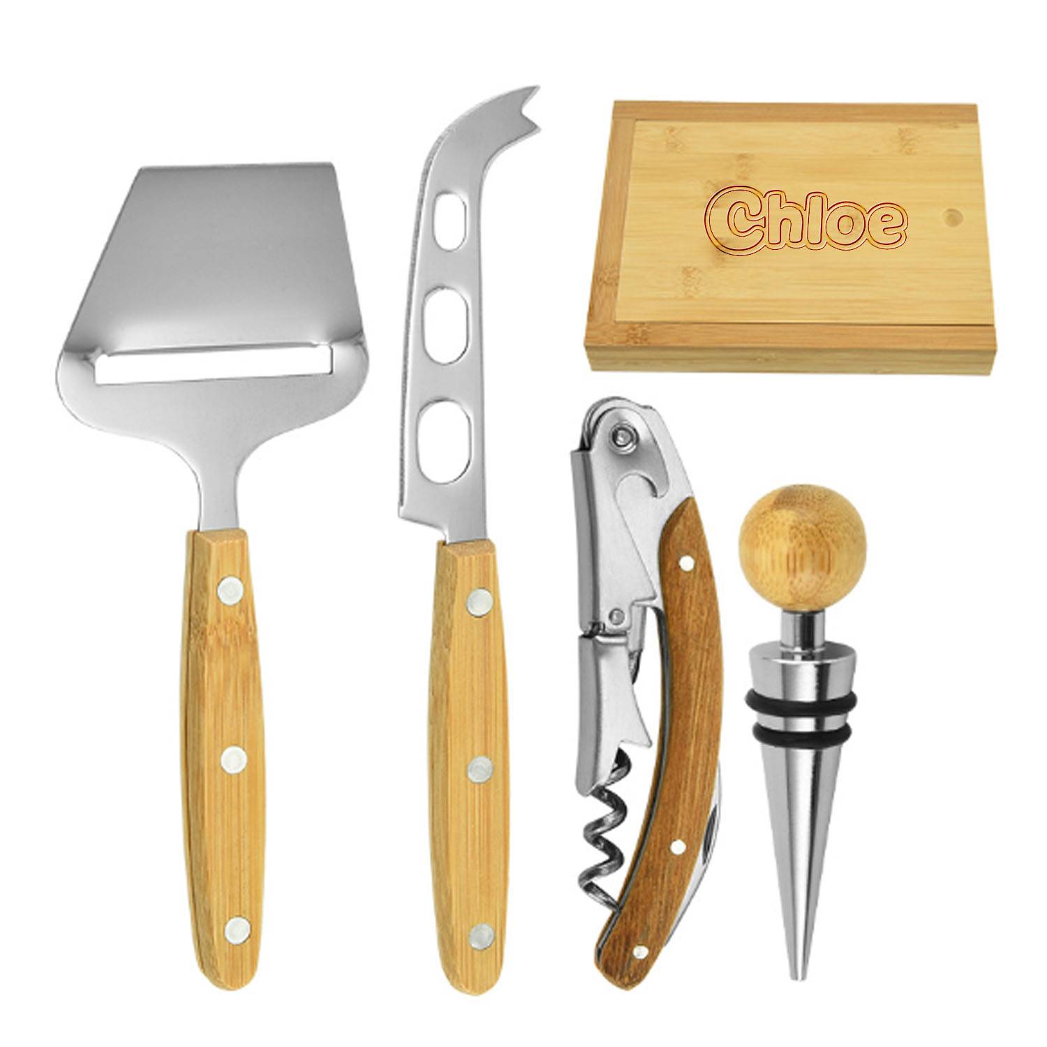 5PCS Bamboo Cheese Knife Spatula Wine Stopper Set w/ Box 2