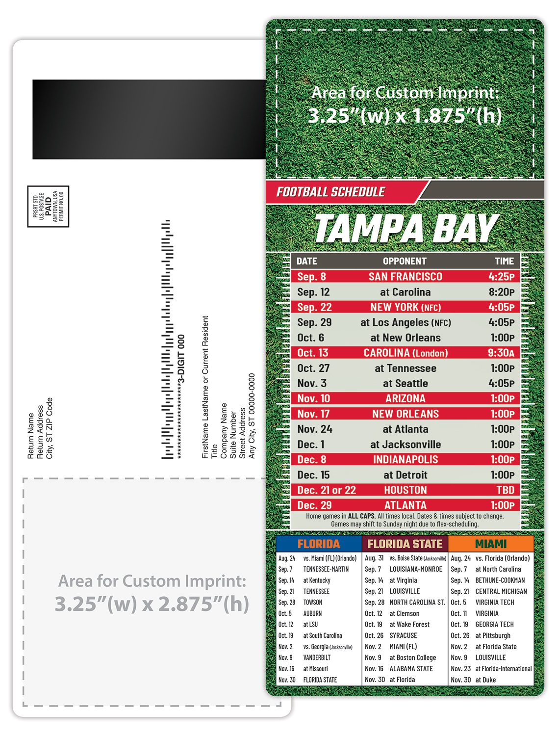 Football Schedule Laminated Card/Postcard with Magnet Strip 3.5x8.5 - 14 pt. 5