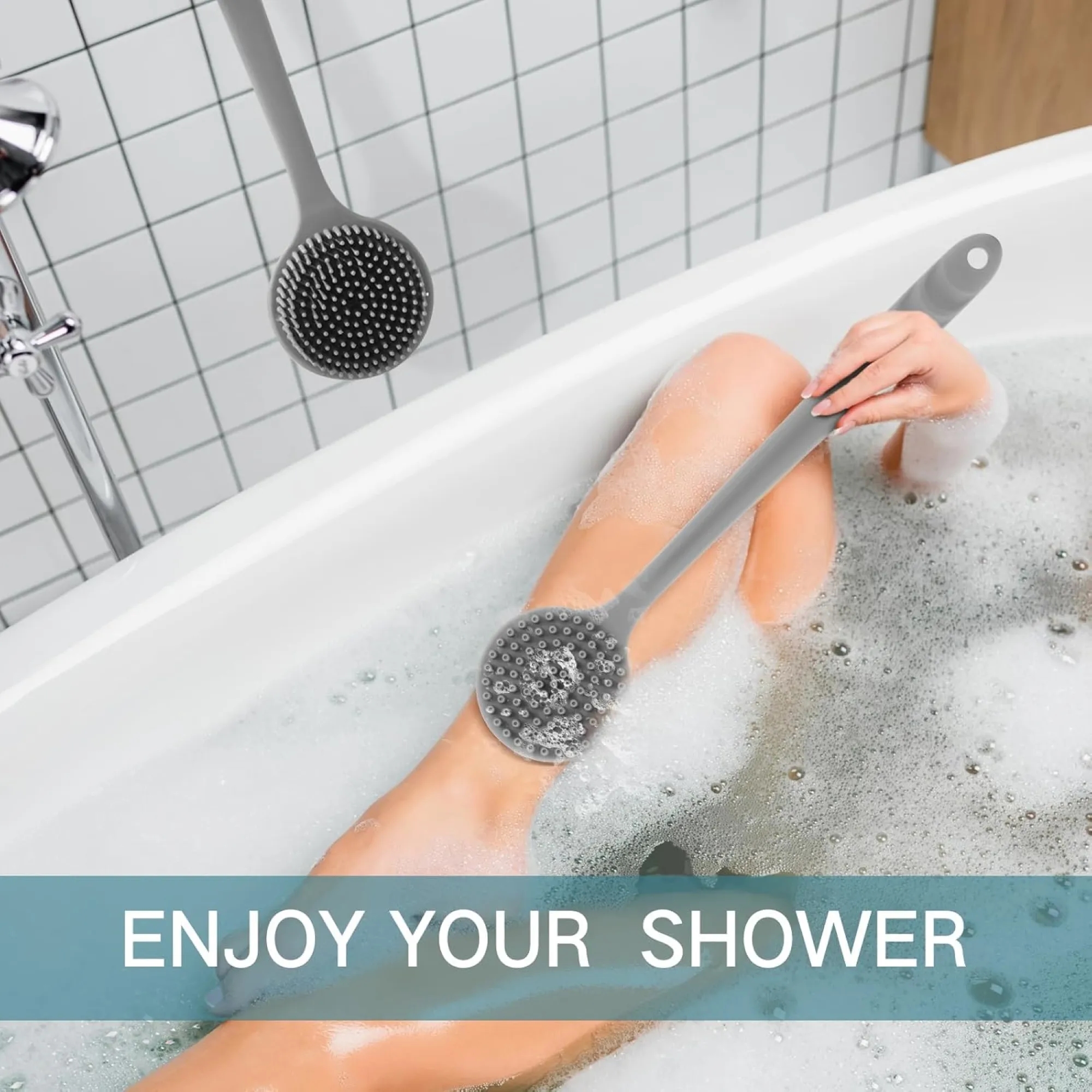 Double Sided Multi Functional Long Handled Bath Brush, promotional household item with logo imprint 4