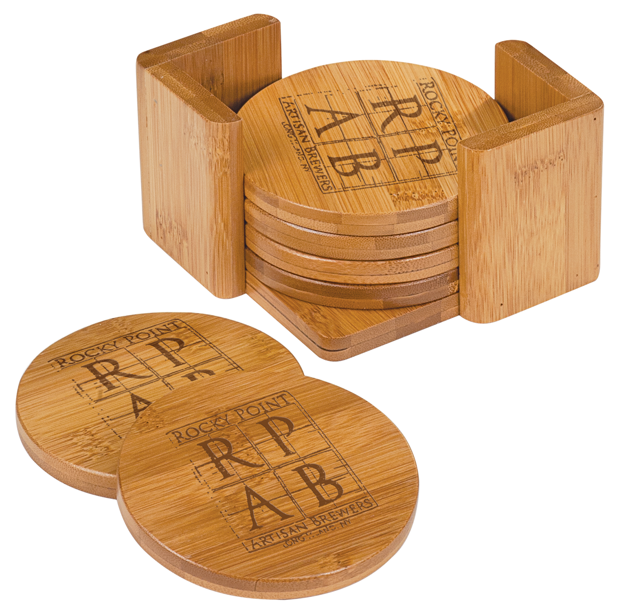 3 3/4" Bamboo Round 6-Coaster Set with Holder