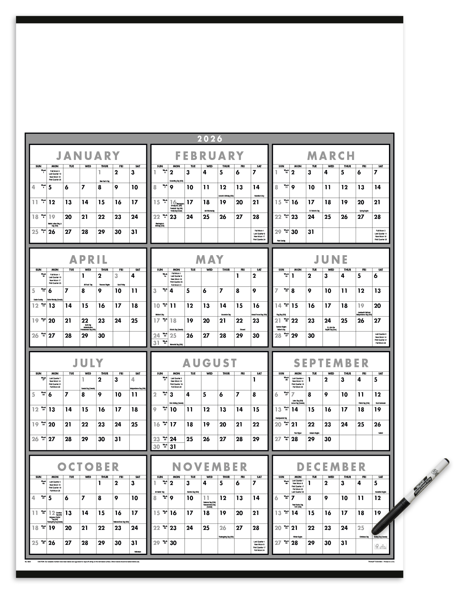 Triumph® Calendars Black & White Span-A-Year Laminated w/Marker Calendar 4