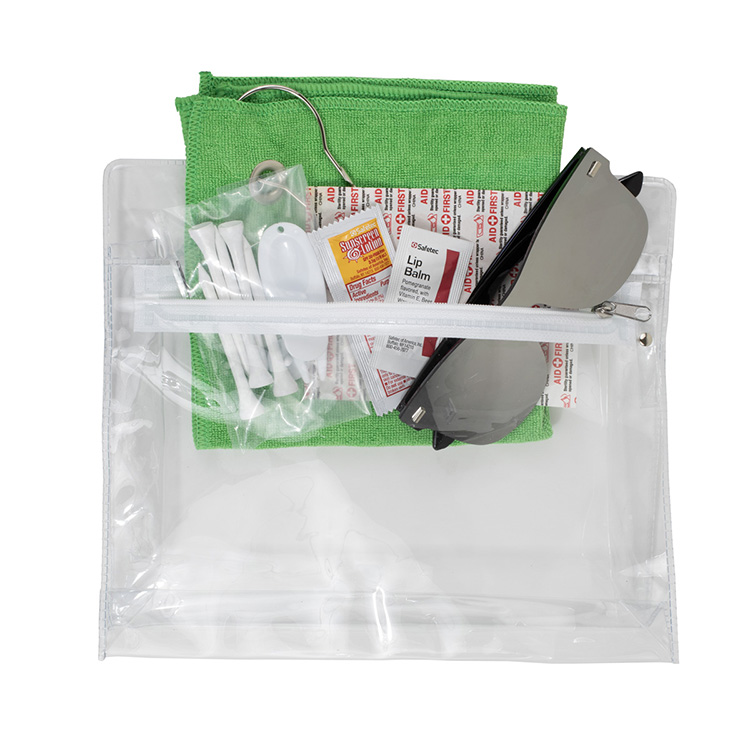 "LAYOVER" 16 Piece Golf Kit in Travel Pack with Components inserted into Zipper Kit 5