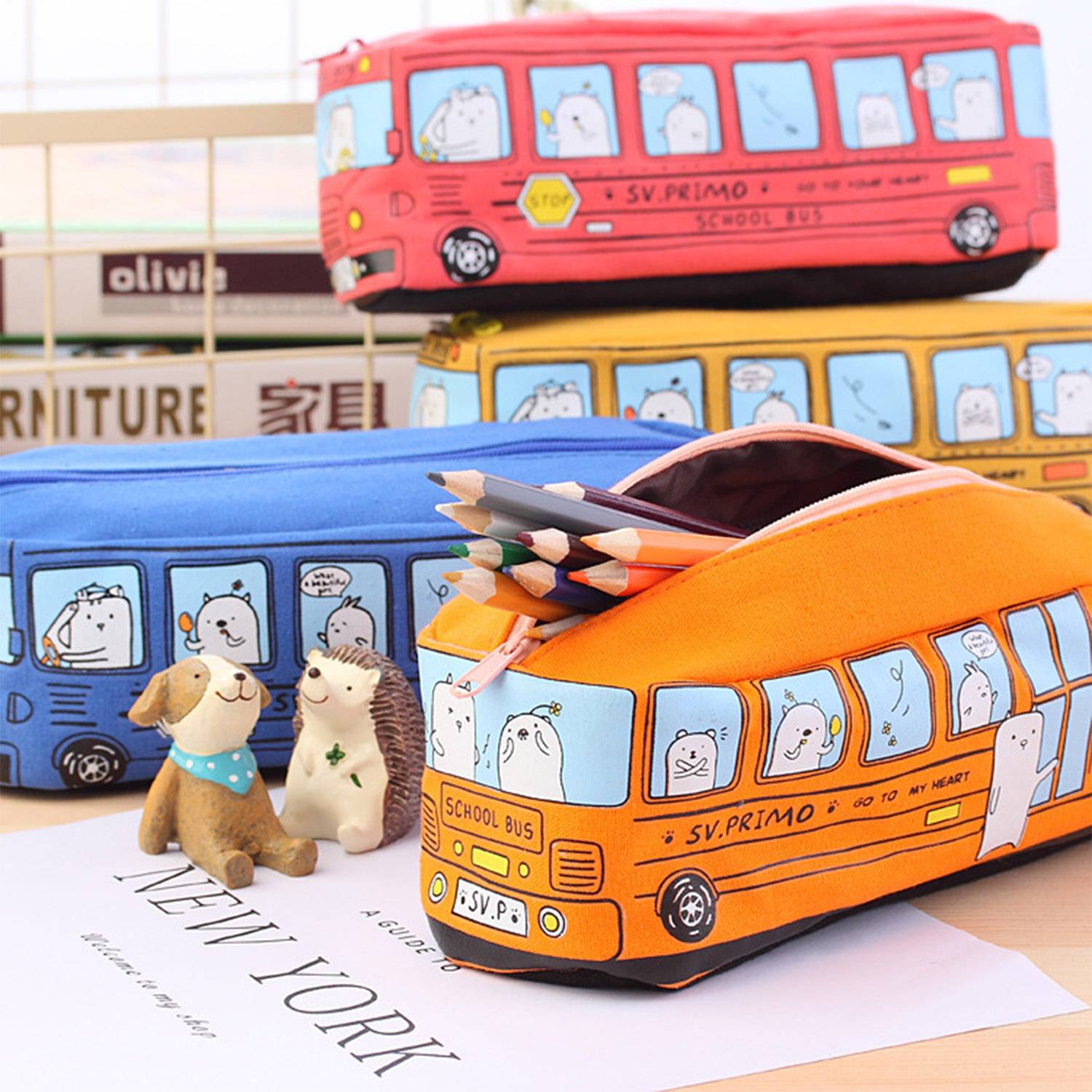 Cartoon City Bus Pencil Pouch Large Canvas Zipper Bag 4
