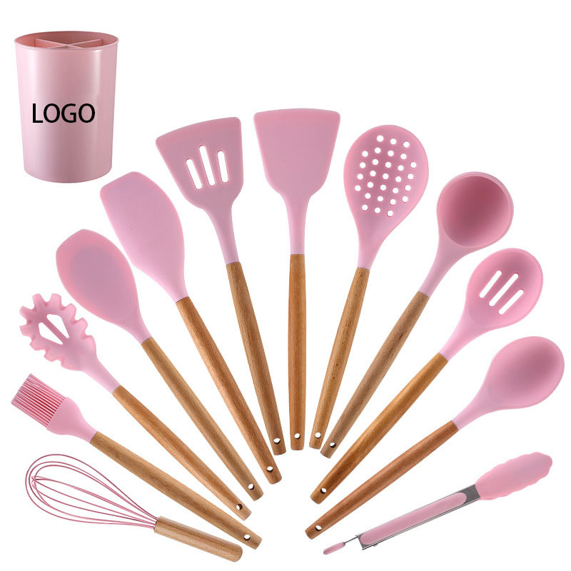 12 Pcs Non-stick Silicone Cooking Kitchen Utensils Spatula Set w/ Holder Wooden Handles 16