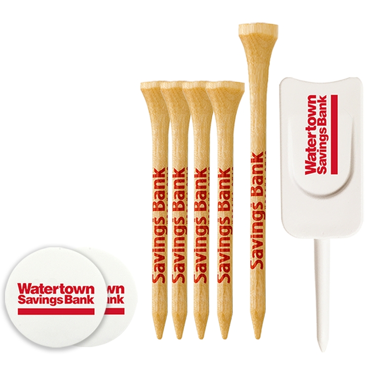 4 Wood Tees 3 1/4", 1 Wood Tee 2 1/8", 2 Ball Markers, 1 Single Prong Plastic Divot Tool