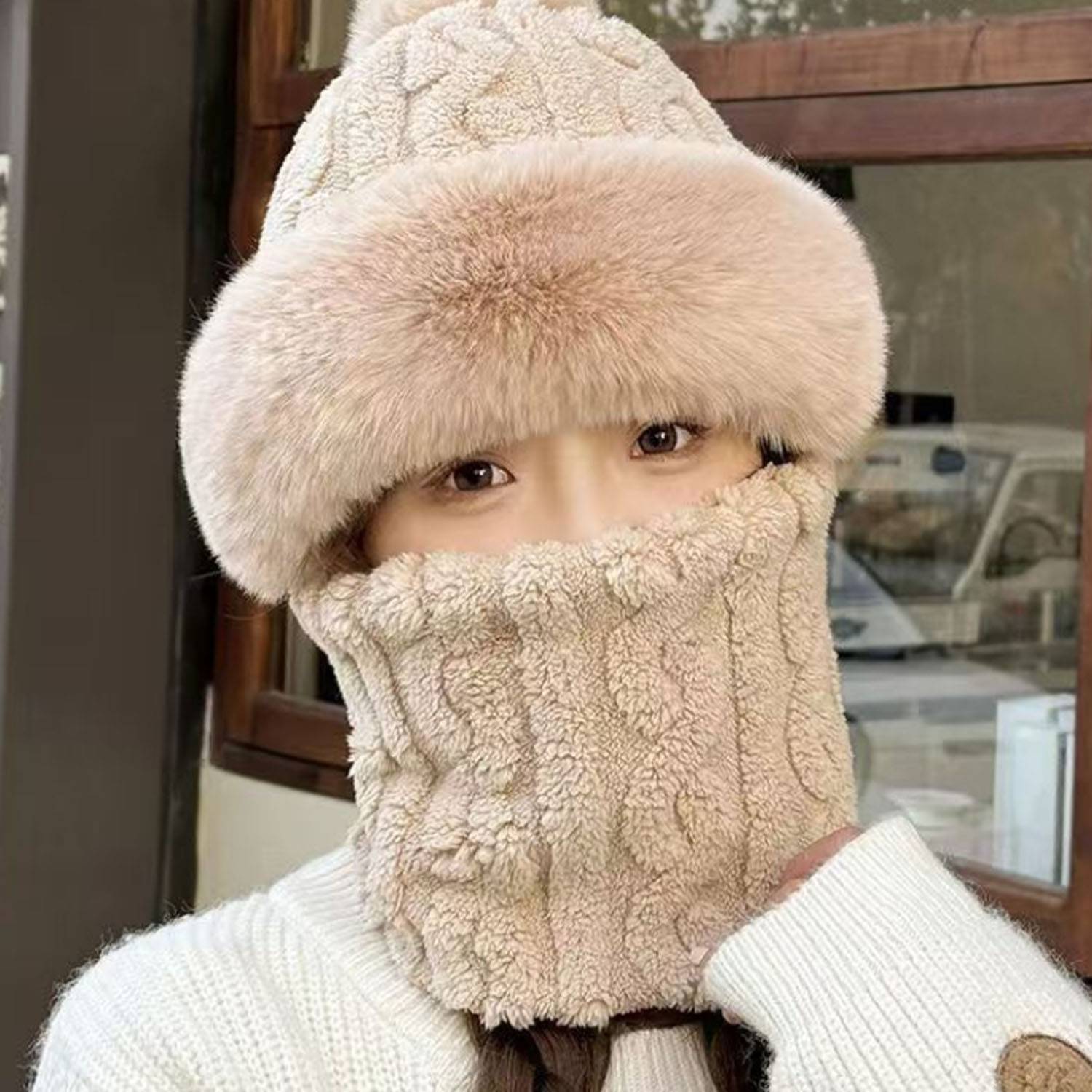 Windproof Plush Hat w/ Winter Neck Scarf Warmer 12