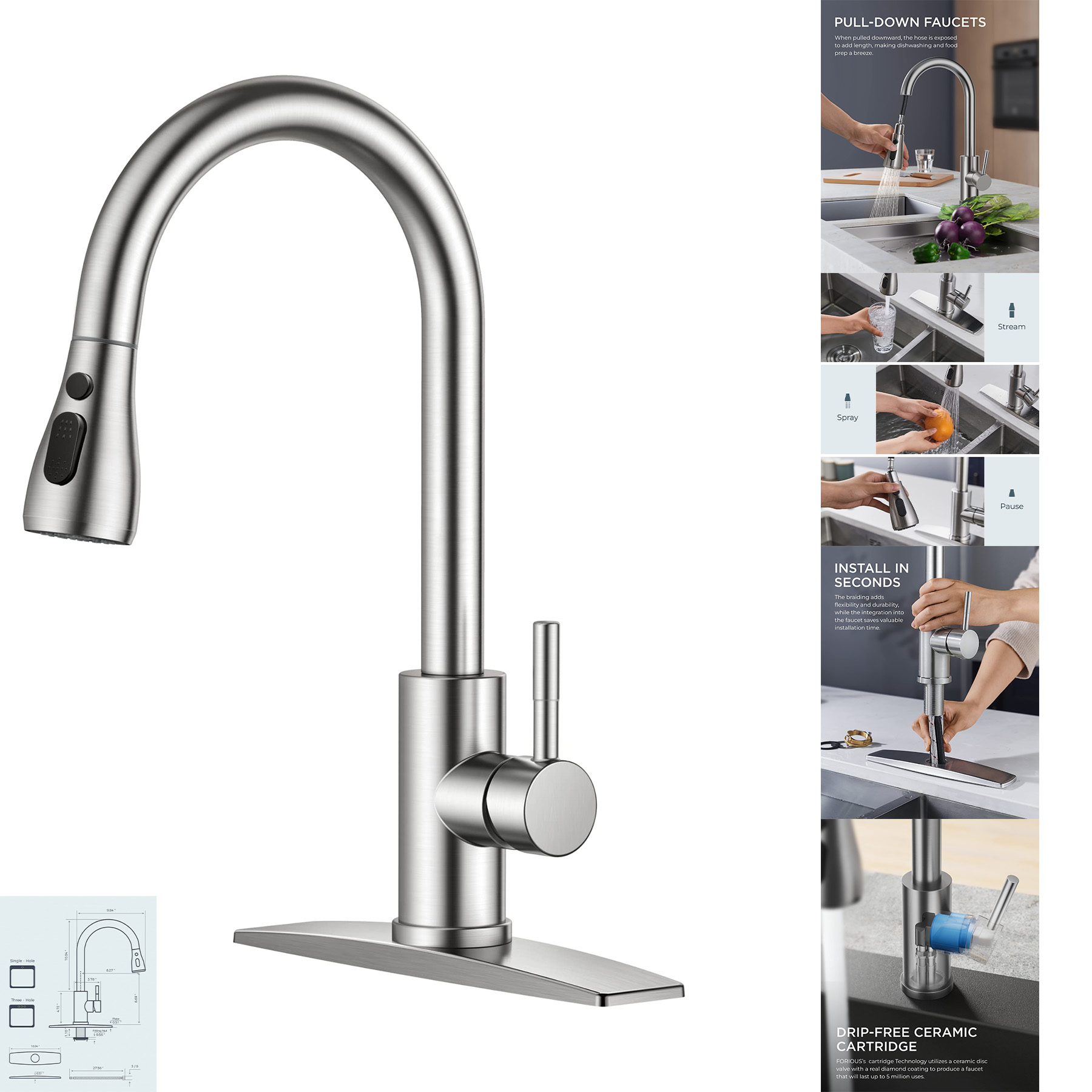 Kitchen Faucet with Pull Down Sprayer Brushed Nickel 2