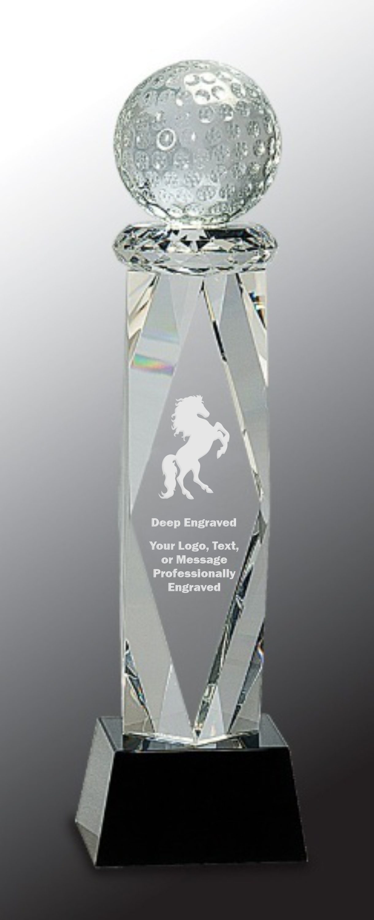 10 3/4" Clear Crystal Golf Ball Award on Facet Column w/Black Base