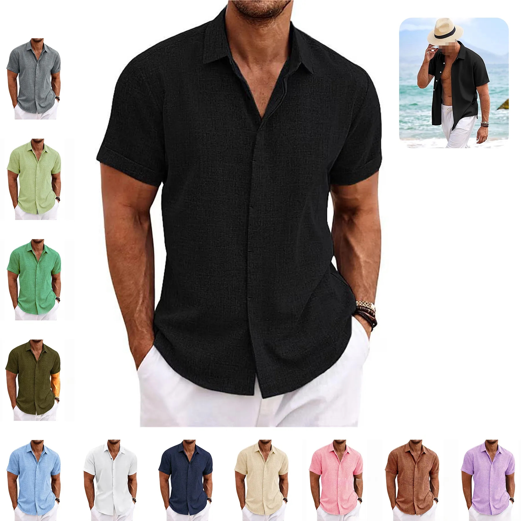 Men's Linen Short Sleeve Casual Shirts 16